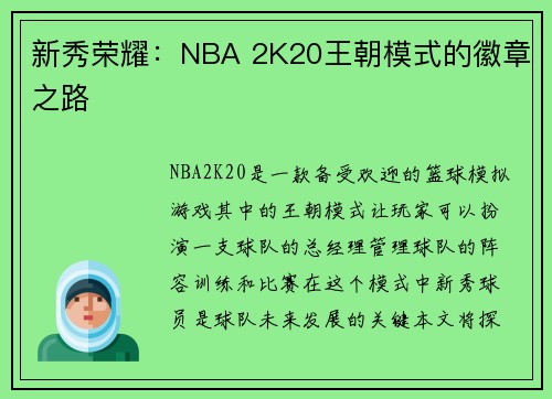 新秀荣耀：NBA 2K20王朝模式的徽章之路