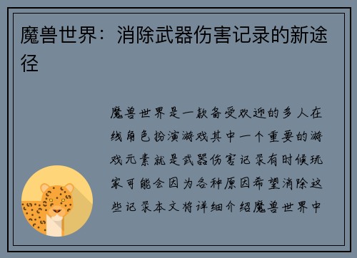 魔兽世界：消除武器伤害记录的新途径